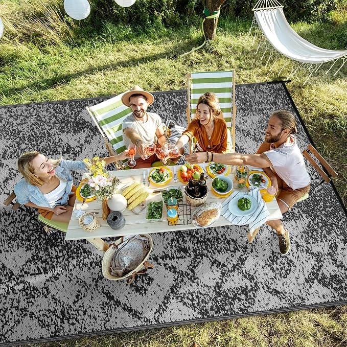 Outdoor Patio Plastic Straw Rug - 4x6 ft Outdoor Camping Rug Waterproof Reversible, Area Carpet Patios RV, Outside Porch Balcony Deck for Camper, Mosaic Black Grey