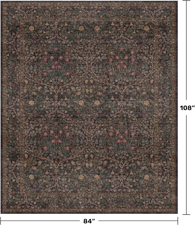 Vintage 7x9 Brown Rug for Living Room - Washable Oriental Area Rug for Dining Room Under Kitchen Table, Non-Slip Floor Carpet for Bedroom Under Bed - Boho Floral Design & Stain Resistance