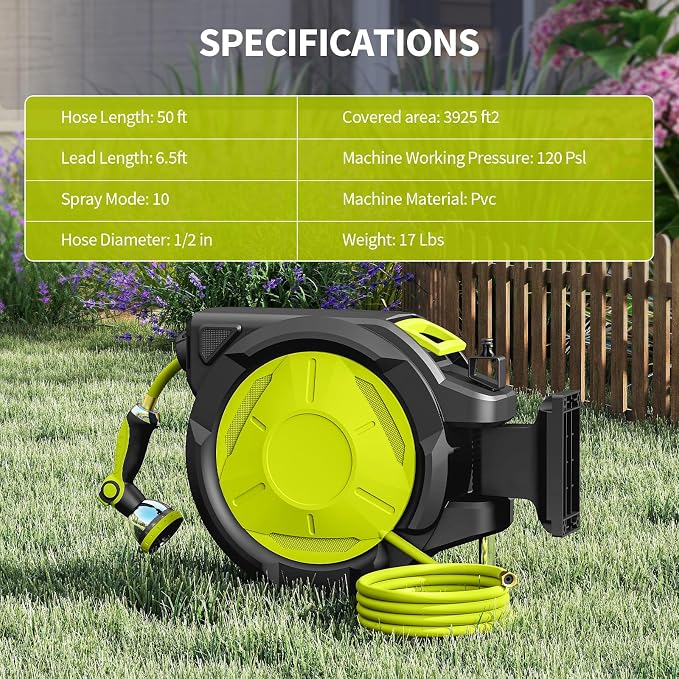 Fenbeli Retractable Garden Hose Reel 50 FT, Wall Mounted Auto Rewind Hose Reel with 10 Pattern Nozzle, Any-Length Lock, 180° Swivel Bracket, Burst-Resistant Hose & Brass Fittings for Yard Car Wash
