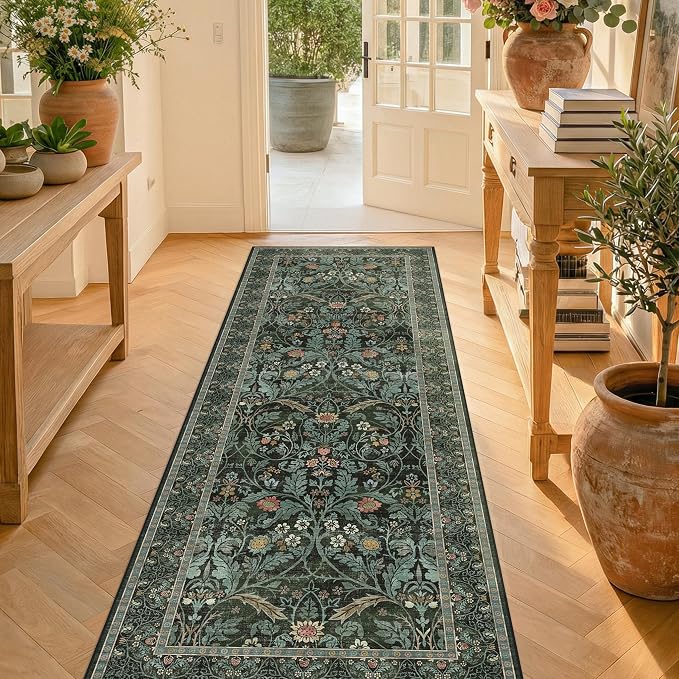 2x5 Runner Rug Non Slip Washable - Small Bathroom Runner Rug Non Slip, Dark Green Floral Pattern Soft Carpet Runner for Entryway Kitchen Bedroom Bedside, Waterproof Mats for Laundry (Olive Green)