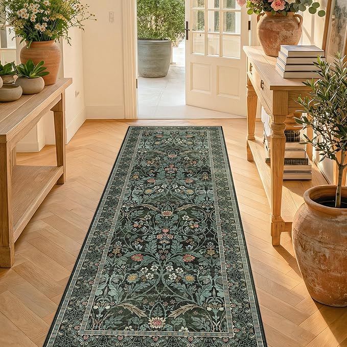 Washable 2'6"x8' Entryway Runner Rugs Non Skid, 8ft Long Hallway Runner Rug, Non Slip Wide Carpet Runners for Kitchen, Bathroom, Dark Green Low Pile Soft Vintage Dark Floral Floor Decor (Dusty Teal)