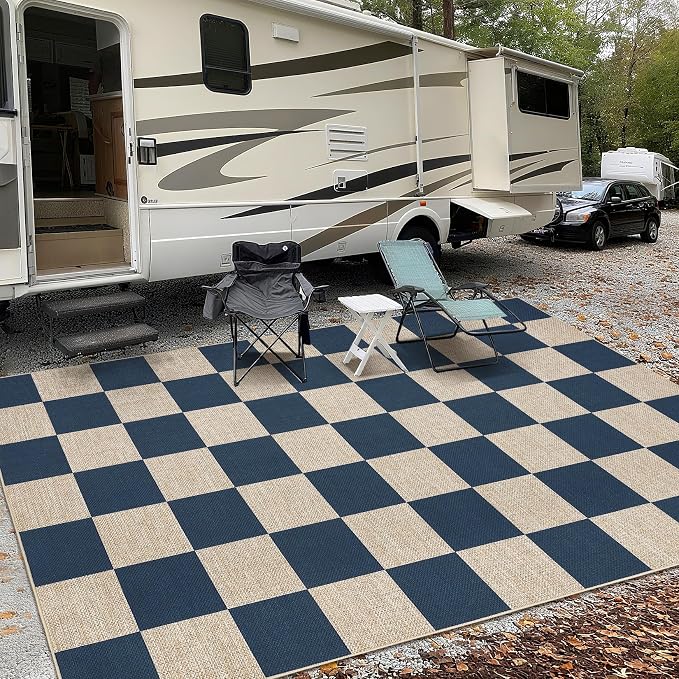 GarveeHome 9x12 Checkered Easy Jute Rugs for Bedroom Machine Washable Large Rugs Non-Slip Backing Modern Neutral Stain Resistance Carpets for Farmhouse Patio Dining Room Backyard Navy Blue
