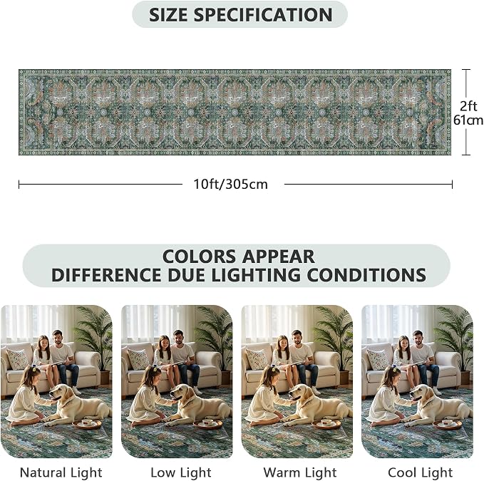 2x10 Hallway Runner Rug, Washable Vintage Retro Long Runner Rugs for Kitchen Laundry, Soft Ultra Thin Non Slip Low Pile Traditional Area Carpet for Bedroom Bathroom Indoor, Green