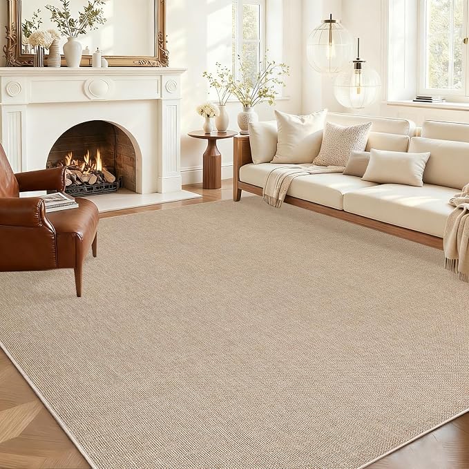 Garvee Large Area Rug 10x13 Modern Solid Washable Rug Non Slip Tan | Woven Textured, Ultra-Thin Neutral Minimalist Non-Shedding Floor Cover Indoor Foldable Mat for Living Room Bedroom Office