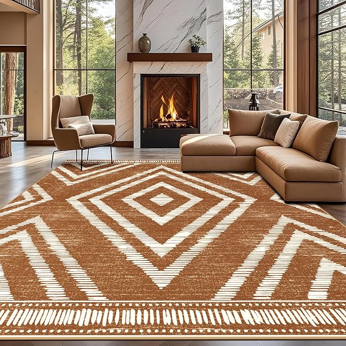 Boho Brown Area Rugs 8x10ft Non Slip, Large Low Pile Washable Rugs for Living Room, Soft Bedroom Area Floor Carpets for Dining Room Kids Nursery Playroom Farmhouse Office