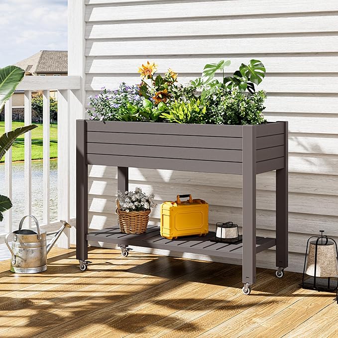 33.7" Tall Raised Garden Bed with Wheels, Divisible Resin Planter Box with Drainage Gauge & Storage Shelf, Herb Planter for Garden Patio Backyard, Medium Gray (33.7" h)