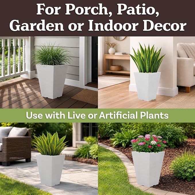 Large Outdoor Planters 2-Pack - 13.75-Inch Tall Planters for Outdoor Plants or Indoor Pots for Plants - Plastic Flower Pots for Patio, Entryway, or Front Porch Decor by Pure Garden (White)