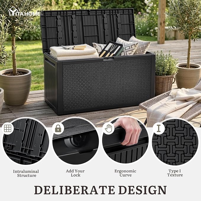 YITAHOME 95 Gallon Outdoor Storage Deck Box, Waterproof Resin Deck Box w/Handles, Lockable Outdside Deck Box for Patio Furniture, Garden Tools, Lockable & UV Resistant(Black)