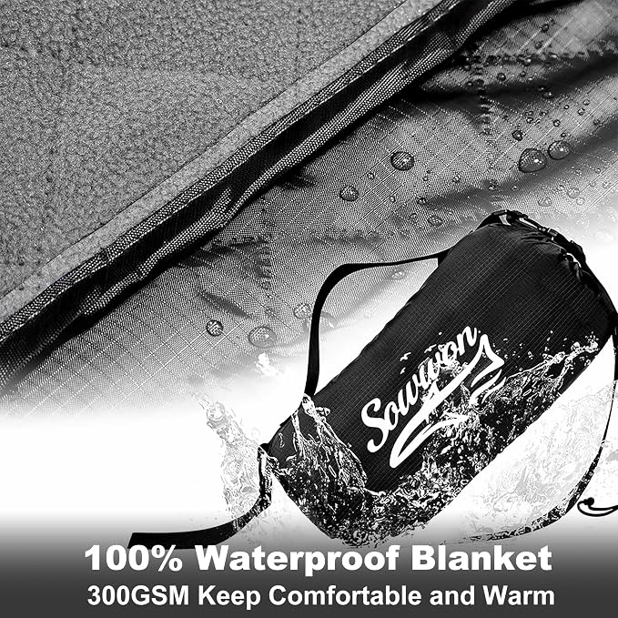 Waterproof Outdoor Blanket 92"x60" Large Quilted Fleece 300GSM Black | Stadium Blankets for Camping, Packable, Windproof Emergency Throw for Grass Picnic Hiking Road Trip, Machine Washable