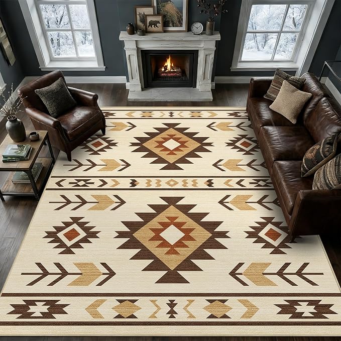 9x12 Area Rug for Living Room Western Rug Southwestern Aztec Tribal Rugs Southwest Navajo Machine Washable Non-Slip Printed Low-Pile Floor Carpet for Bedroom Dining Room Office, Camel