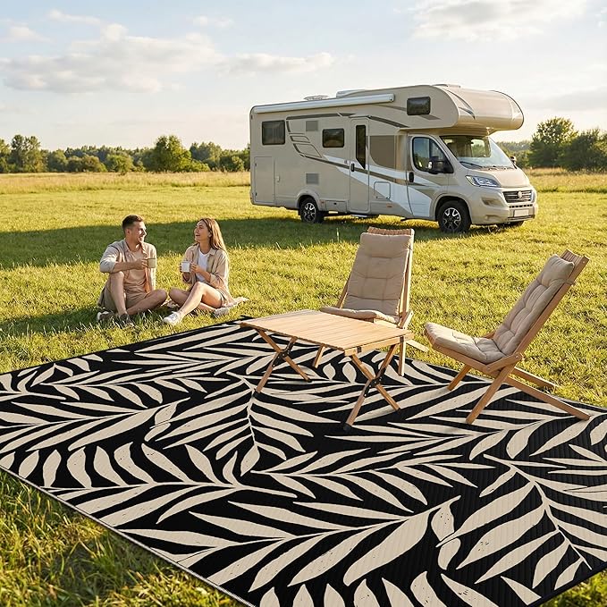 Smiry Outdoor Rug 9x12 ft, Waterproof Reversible Plastic Straw Rugs, Outdoor Area Rug with Leaf Pattern, Outside Floor Mat for Patio, Backyard, Deck, Picnic, Beach, Camping, Black & Beige