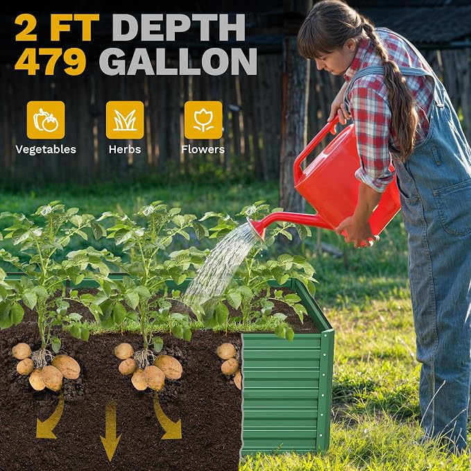DWVO 2pcs 8 x 4 x 2 FT Raised Garden Bed Kit, Outdoor Galvanized Flower Bed with Safety Rubber and Gloves, Large Metal Planter Box for Vegetables, Flowers, Herbs, Fruits, Green