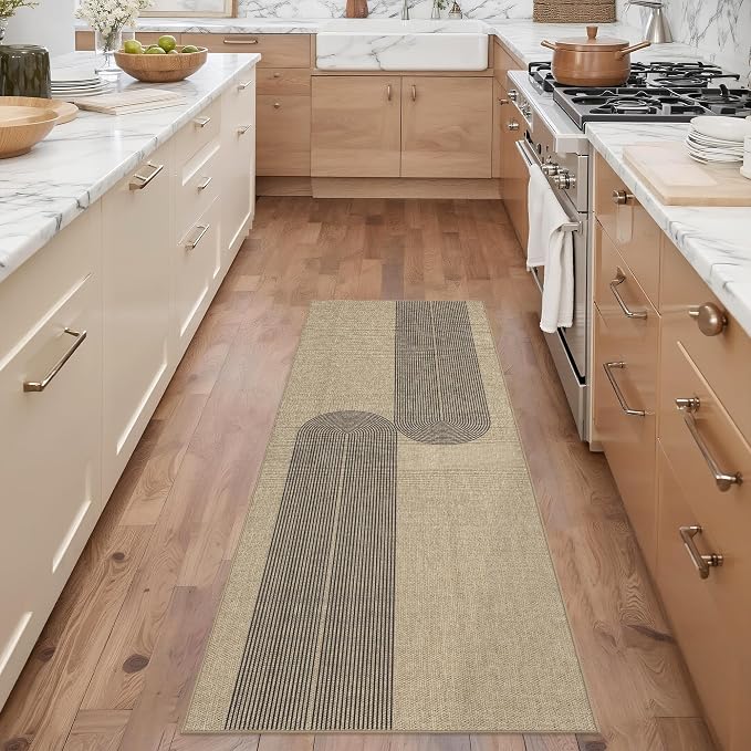 Outdoor Easy Jute Runner Rug: 2x6 Modern Natural Area Rugs for Front Patio Hallway Linen-Look Fabric Durable - Neutral Washable Mat for Entryway Kitchen Bedroom - Black Stripes