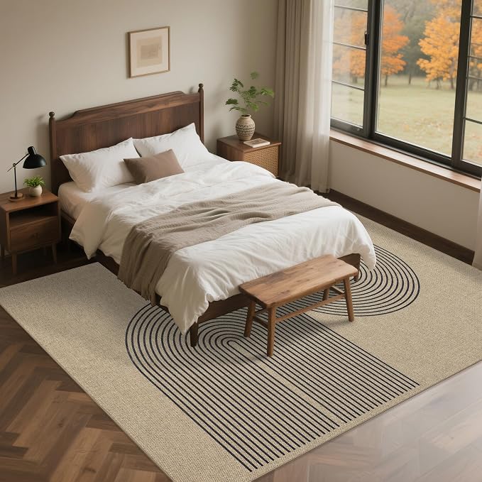 Easy Jute Rug 8x10 Outdoor: Natural Area Rugs for Patio Linen-Look Durable - Neutral Large Washable Carpet for Living Room Bedroom Dining Room Non-Slip - Black Stripes
