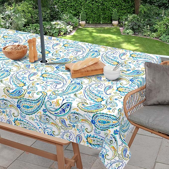 Outdoor Tablecloth with Umbrella Hole and Zipper, Rectangle Patio Table Covers for Spring/Summer, Machine Washable Outdoor Picnic Table Cloth (Paisley, 60" × 84" Rectangular)