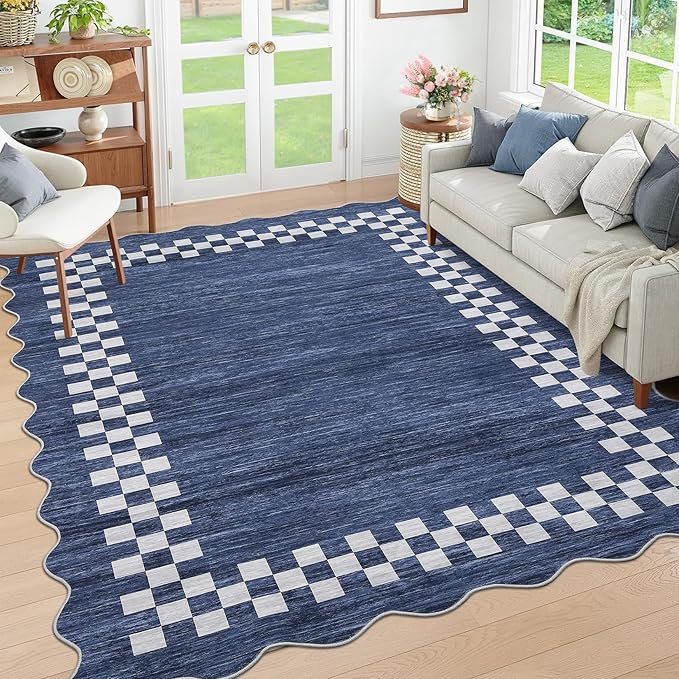 GarveeHome Washable Rug 5x7 for Living Room Large Bedroom Scalloped Rug | Non Slip Stain Resistant Modern Border Throw Carpet Soft Neutral Rug for Dining Room Nursery Home Office, Blue