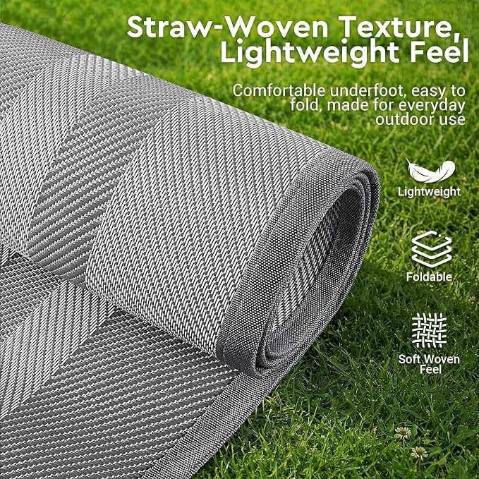 Mattitude Outdoor Rug Reversible Portable Plastic Straw Camping Rugs for Outside RV,Large Waterproof Outdoor Area Rugs for Patio,Deck,Porch,Balcony(8'x 10',White&Gray)