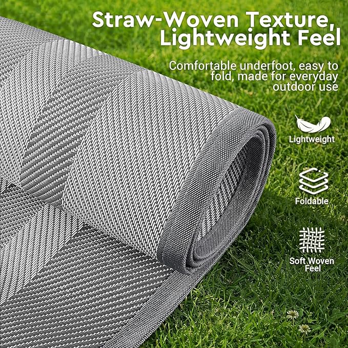 Mattitude Outdoor Rug Reversible Portable Plastic Straw Camping Rugs for Outside RV,Large Waterproof Outdoor Area Rugs for Patio,Deck,Porch,Balcony(6'x 9',White&Gray)