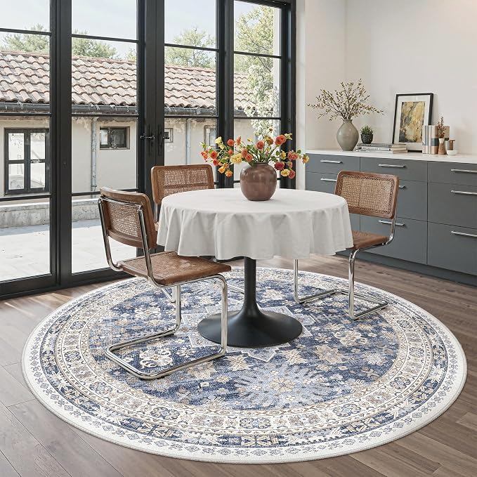 Round Rug 5ft,Circle Rug for Dining Room Table,Blue | Washable Rugs for Kitchen,Entryway,Bedroom,Dining Room,Nursery Room,Thin,Soft Runner Rug,Stain Resistant Indoor Carpet