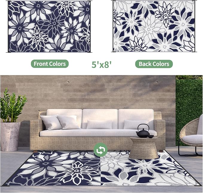 GENIMO Outdoor Rug Waterproof for Patio Decor, 5' x 8' Reversible Plastic Straw Floral Camping Carpet, Large Area Rugs Mats for RV, Camper, Deck, Balcony, Porch, Beach, Picnic, Blue & White