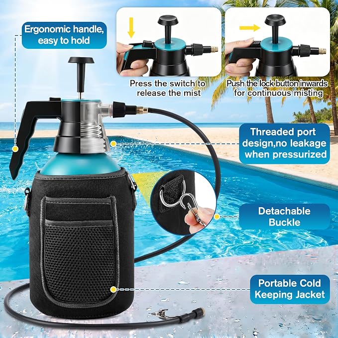 Aurelema Personal Mister, 2 in 1 Water Spray Bottle with 3.3ft Extend Mist Line/Neoprene Jacket/Strap, Portable Handheld Pump Spray Bottle for Outdoor Cooling, Hiking, Garden, Pet(Black,2L)