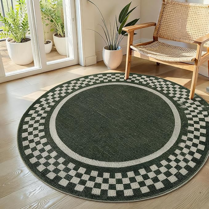 GarveeHome 6ft Washable Round Rug for Entryway Checkered Bedroom Circle Rug | Non Slip Soft Dining Room Throw Carpet Large Stain Resistant Border Round Rugs for Living Room Kitchen Bathroom, Green