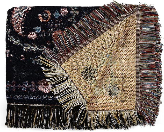 Boho Throw Blanket Reversible Cotton Bohemian Tapestry Hippie Room Decor Double Sided (Lunar Eclipse Black 50"x60")