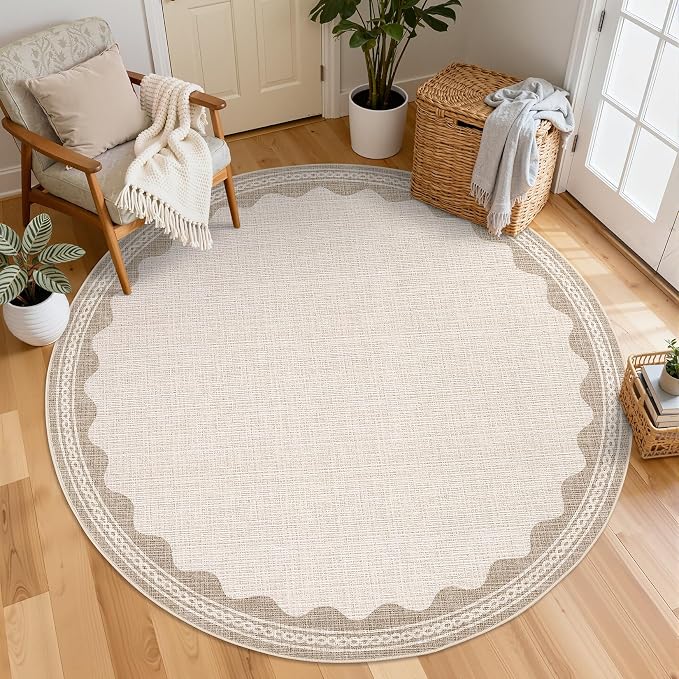 GarveeHome Scalloped Beige 5ft Round Rug Washable Non-Slip Soft Ultra-Thin Small Circle Modern Cottage Core Solid Carpet for Entryway Kitchen Bedroom Nursery Dining Room