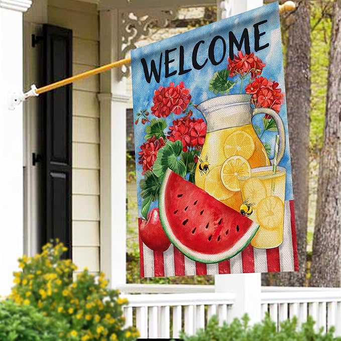 Furiaz Welcome Summer Watermelon Lemon Juice Large Decorative House Flag, Lemonade Geranium Flowers Garden Yard Outside Decorations Burlap Outdoor Decor Double Sided 28 x 40