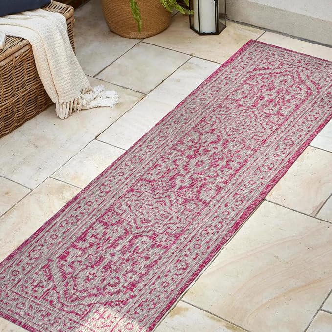 JONATHAN Y Medallion Weave Indoor Outdoor Runner Rug 2X8 Fuchsia/Light Gray, Sinjuri Textured for Backyard, Patio, Porch, Easy-Cleaning, High Traffic, Pet-Friendly, Non-Shedding (SMB101G-28)
