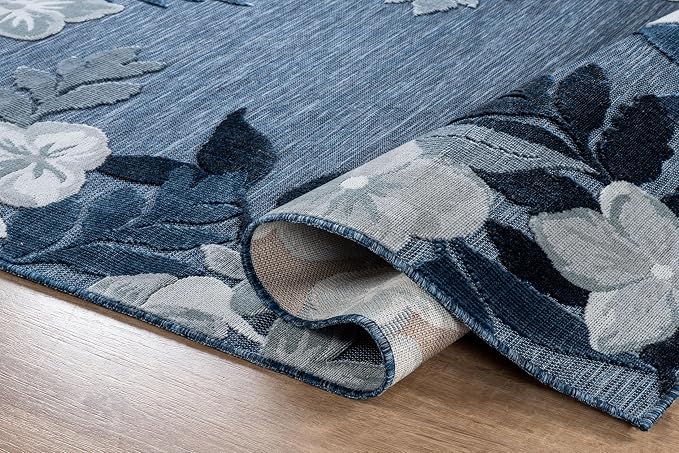 Outdoor Rug 9x12 Washable Area Rugs Indoor Outdoor Carpets Navy Border Floral Non Shedding Waterproof Easy Clean Patio Deck Porch Living Room Bedroom Garden RV (9 X 12 Navy)