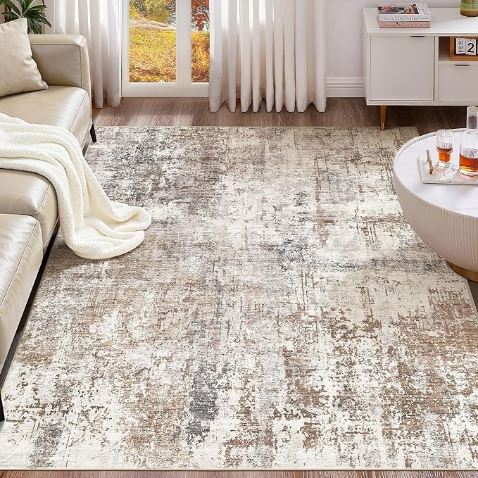 UERMEI Area Rug Living Room Rugs - Washable Neutral Modern Abstract Soft Thin Rug Indoor Floor No Slip Rug Carpet for Bedroom Under Dining Table Home Office Decor - Brown/Grey/Red - 10x14