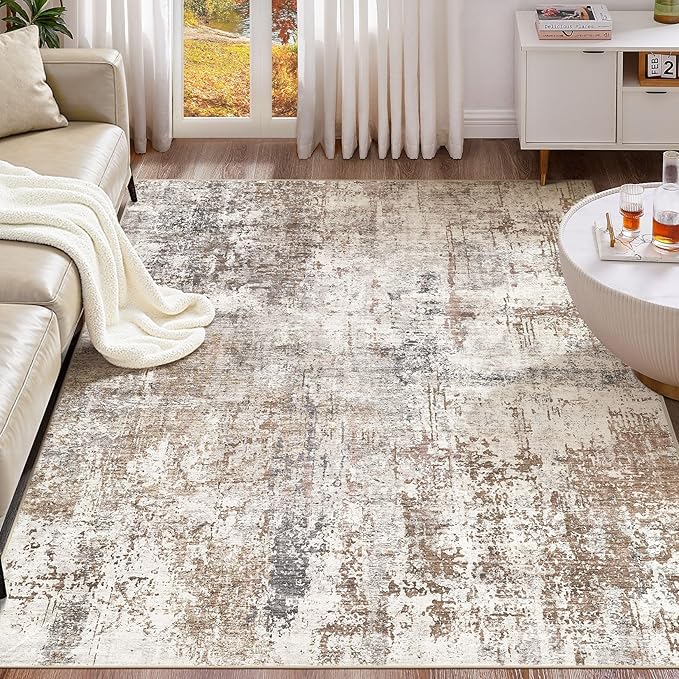 UERMEI Area Rug Living Room Rugs - Washable Neutral Modern Abstract Soft Thin Rug Indoor Floor No Slip Rug Carpet for Bedroom Under Dining Table Home Office Decor - Brown/Grey/Red - 6x9