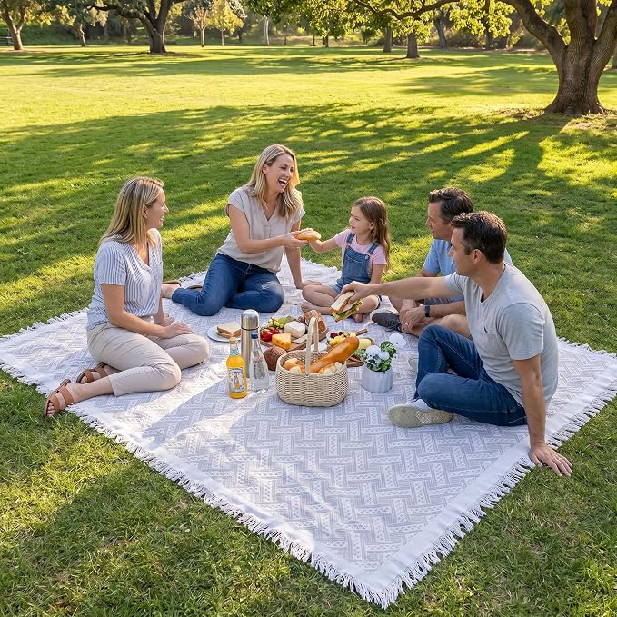 70x70 Bohemian Picnic Mat Extra Large, Sand Proof Outdoor Camping Blanket Machine Washable, Lightweight Portable Travel Tarp for 5-7 Adults Beach Park Grass (Brown-T-Grid)