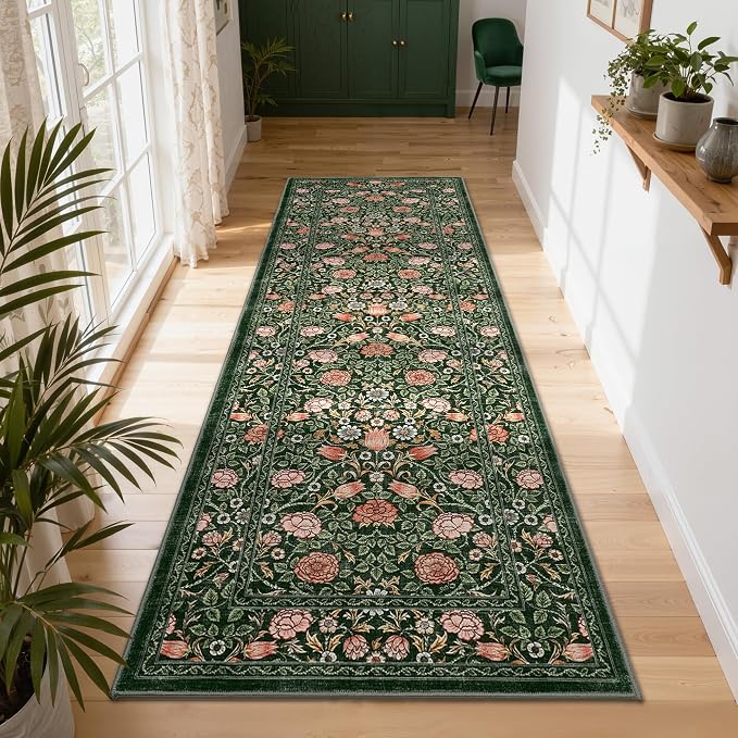 GarveeHome Dark Green Floral 2x6 Kitchen Runner Rug for Hallways | Washable Entryway Bedroom Bathroom Dorm Rug Vintage Boho Rugs Low-Pile Non-Slip Stain Resistant TPE Backing