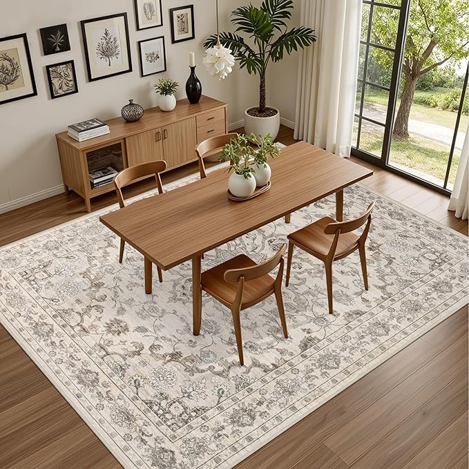 9x12 Area Rugs Living Room: Washable Rug for Bedroom Brown Beige | Vintage No Slip Stain Resistant Rug Soft Indoor Decor Floor Floral Area Rugs for Dining Room, Nursery, Hallway, Home Office