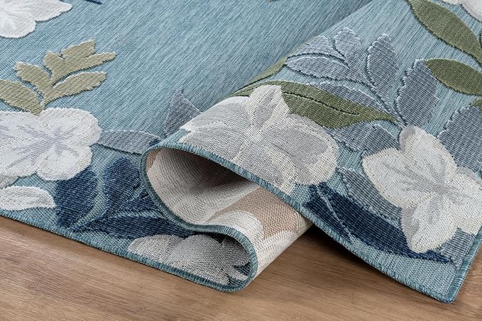Outdoor Rug 6x9 Washable Area Rugs Indoor Outdoor Carpets Aqua Border Floral Non Shedding Waterproof Easy Clean Patio Deck Porch Living Room Bedroom Garden RV (6 X 9 Aqua)