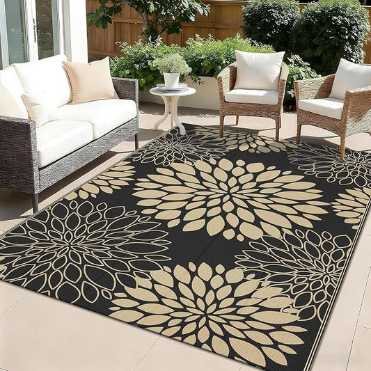 Ileading Waterproof Outdoor Rug 5x8, Reversible Plastic Straw Patio Rug, Portable Indoor Outdoor RV Camping Mat Carpet for Deck, Porch, Balcony, Backyard, Picnic, Floral Black