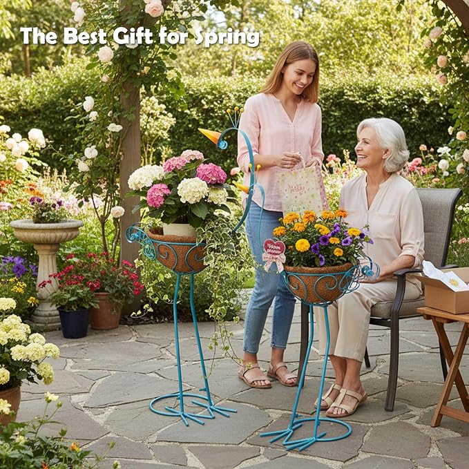 Peacock Metal Plant Stand 2 Sets Flower Pots Holders, Planters for Outdoor | J-Fly; Plants with Coconut Pots, Front Porch Garden Balcony Patio Decor for Plant, Great gift choice; Garden Lawn Yard Décor