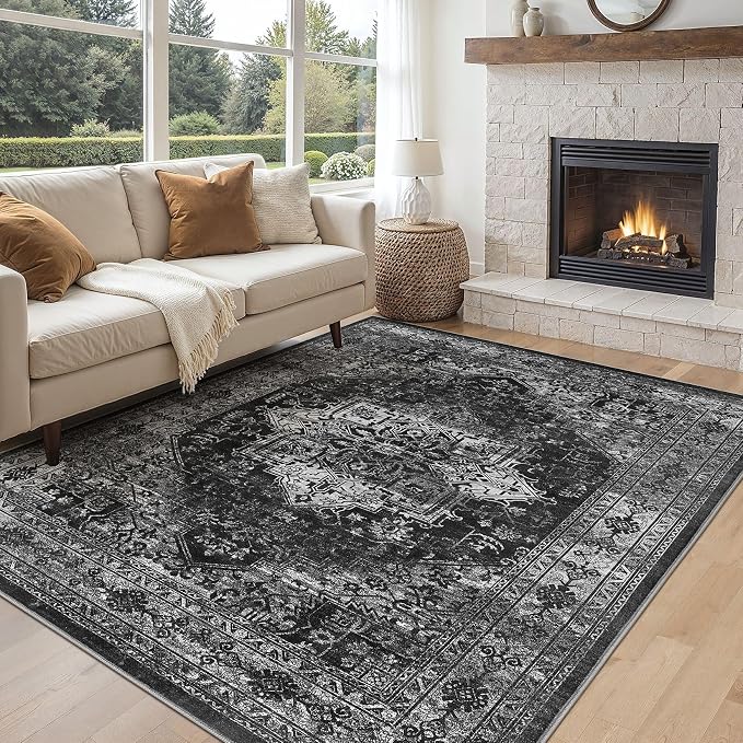 UERMEI 5x7 Area Rug Living Room Rugs - Washable Vintage Soft Large Rug Indoor Floor No Slip Rug Carpet for Bedroom Farmhouse Under Dining Table Home Office Decor - Black