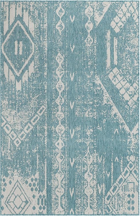 Unique Loom Outdoor Bohemian Collection Area Rug - Anthro (5' 3" x 8' Rectangle, Light Aqua/ Ivory)