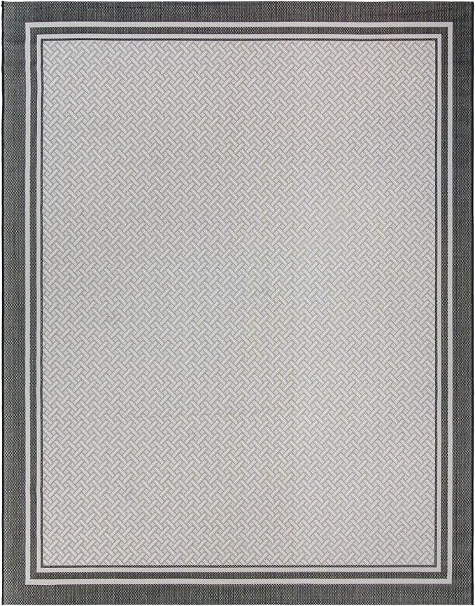 Gertmenian Indoor/Outdoor Flatweave Area Rug - 8x10 Large, Stain & UV Resistant, Ideal For Deck, Patio, Poolside, Mudroom - Border, White & Black, 23018