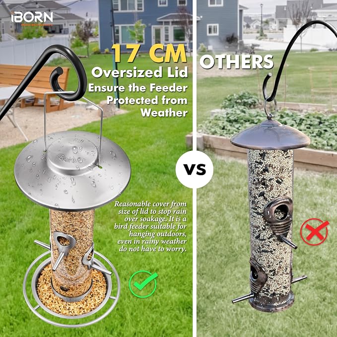 iBorn Metal Bird Feeder for Outside Hanging,Wild Bird Feeders for Cardinal,17cm Large Roof&Nickle,35CM Long,2lb Capacity 8 Ports (Seed is not Included)