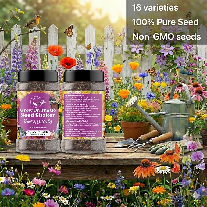Mini Wildflower Seed Shaker - Bird & Butterfly Garden Seed Mix | 60,000+ Annual & Perennial Flower Seeds for Planting - Attracts Hummingbirds & Butterfly | No Messy Bags or Packets
