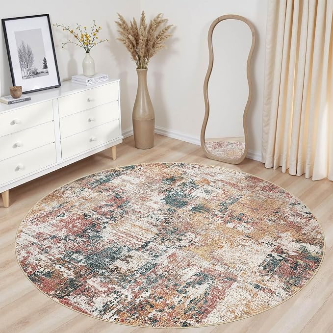 Tortania Washable 10' Round Area Rug for Living Room: Modern Abstract Neutral Large So' Thin Rugs - Non Slip Indoor Carpet for Bedroom Dining Room Office Nursery Home Floor Decoration - Colorful Multi