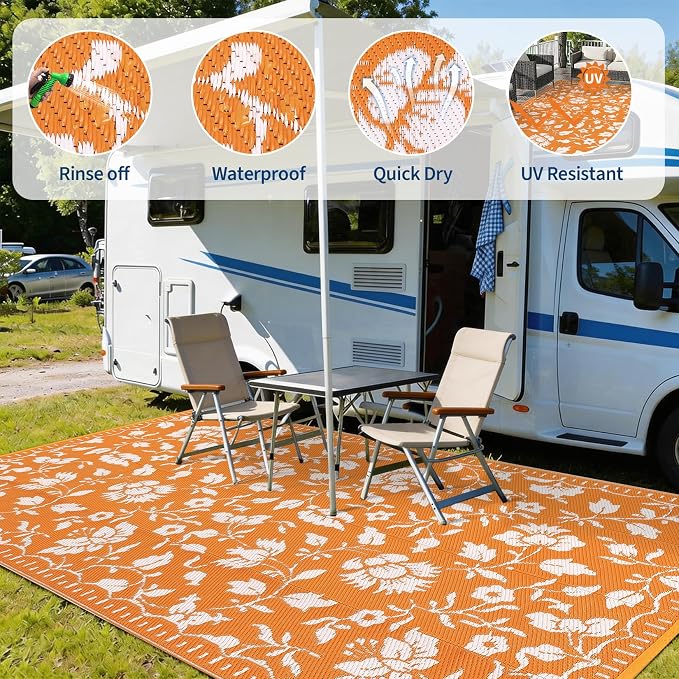 Garvee 6x9 RV Outdoor Rug Waterproof, Floral Outdoor Plastic Straw Rug with Portable Bag, Vintage Foldable Reversible Outside Rugs for Picnic Backyard Deck Balcony Porch Beach Camper, Orange