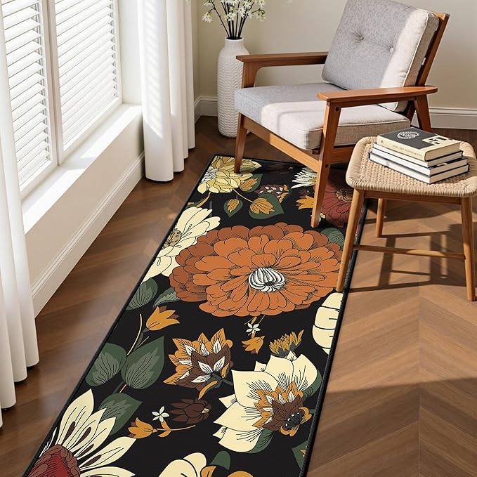 Tyrot Black Boho Floral 2x6 Washable Kitchen & Hallway Runner Rug Ultra-Thin Flat Woven Low Pile Botanical Runner Rug Non Slip Indoor Runner for Entryway, Laundry, Bathroom and Bedroom