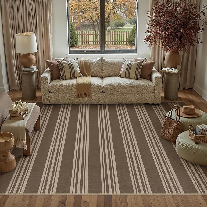 PureCozy Striped Easy Jute Rug 6x9 Brown Living Room Carpet Washable Non Slip Bedroom Rug Farmhouse Neutral Non Shedding Indoor Outdoor Large Carpet for Dining Room Under Table Office