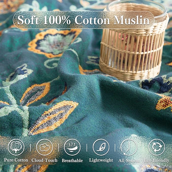 Phuryllic Boho Throw Blanket Twin Size, Soft Cozy Cotton Muslin Quilt Blanket for Bed Decor, Floral Patterned Couch Sofa Chair Cover, Vintage Farmhouse Cottage Tapestry Woven Blanket, Green&Beige