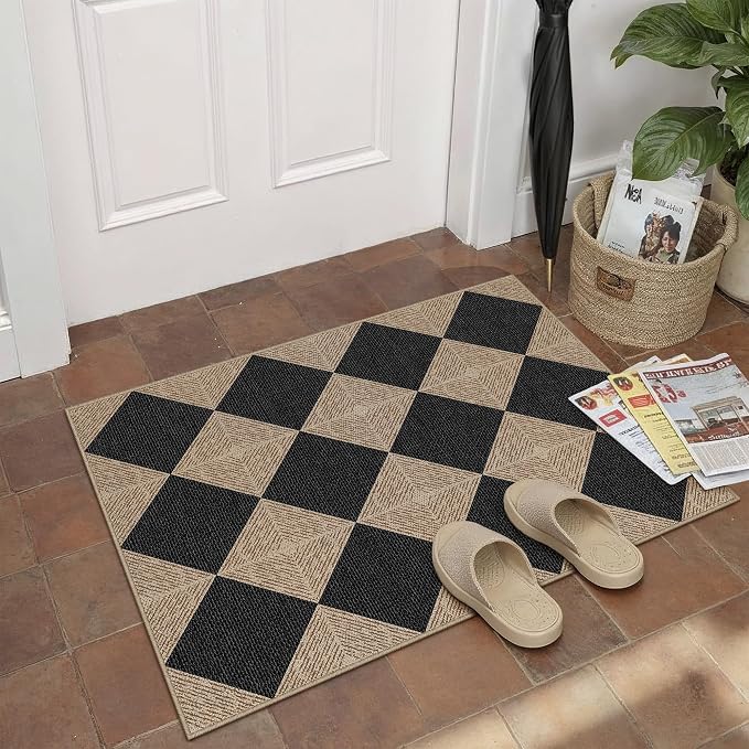 PureCozy 2x3 Checkered Easy Jute Kitchen Front Doormat Non Slip Washable Neutral Area Rug Textured Diamond Non Shedding Low Pile Black Checkerboard Floor Carpet for Farmhouse Entryway Porch Doorway